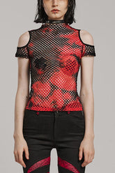 High Collar Hollow Stitching Tie-dyed Off-The-Shoulder Womens Steampunk T-Shirt 3 Colors